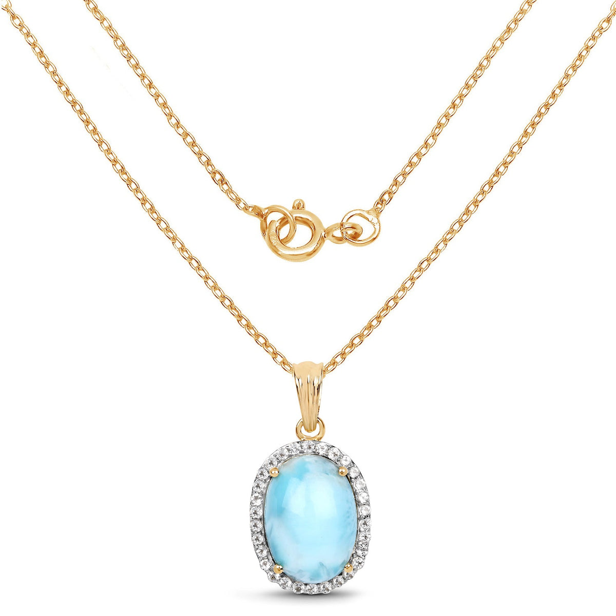 14K Yellow Gold Plated 13.55 Carat Genuine Larimar and White Topaz .925 Sterling Silver Pendant